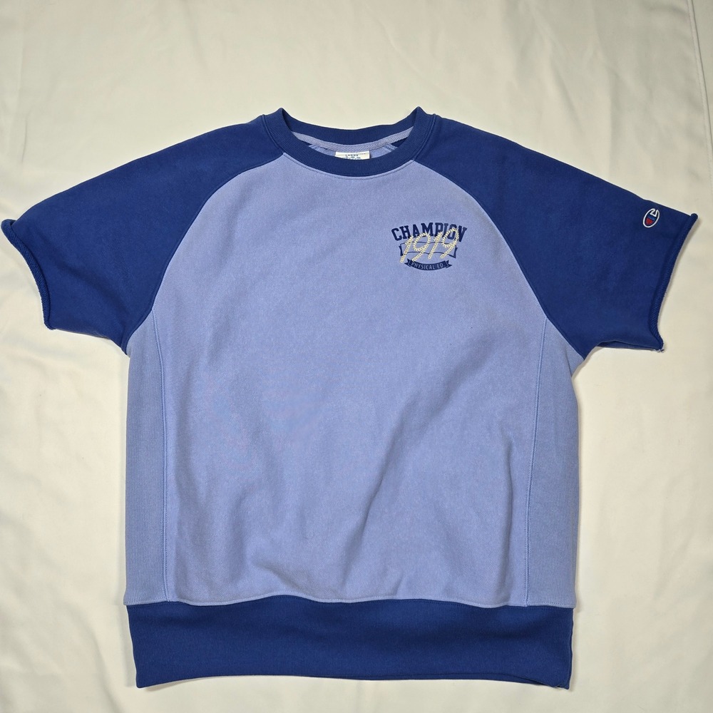Champion Reverse Weave Short Sleeve Sweatshirt Mens Large Blue Excellent Raglan